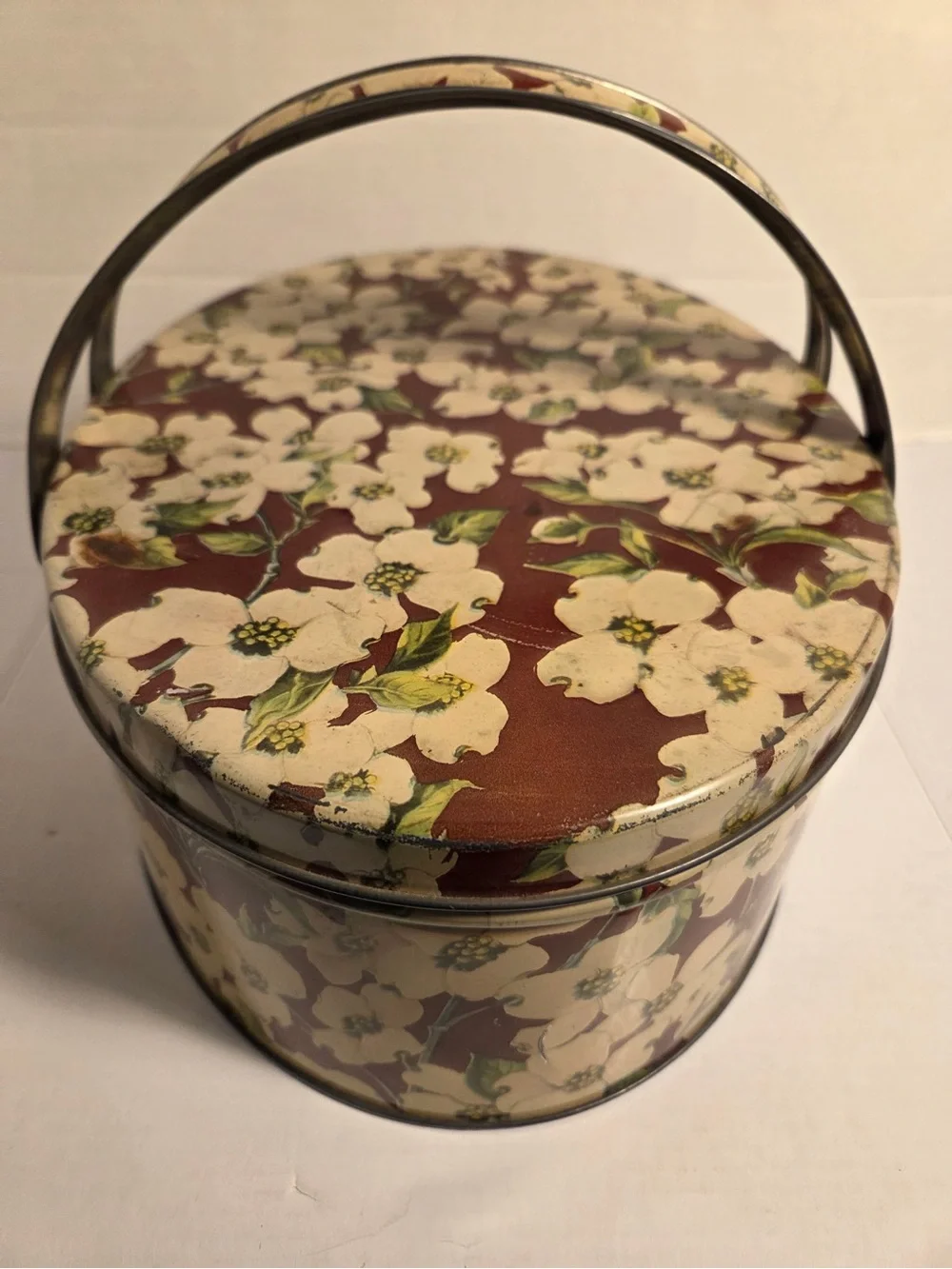 Vintage Dogwood Flower Metal Tin With Handles White Brown Sewing Basket